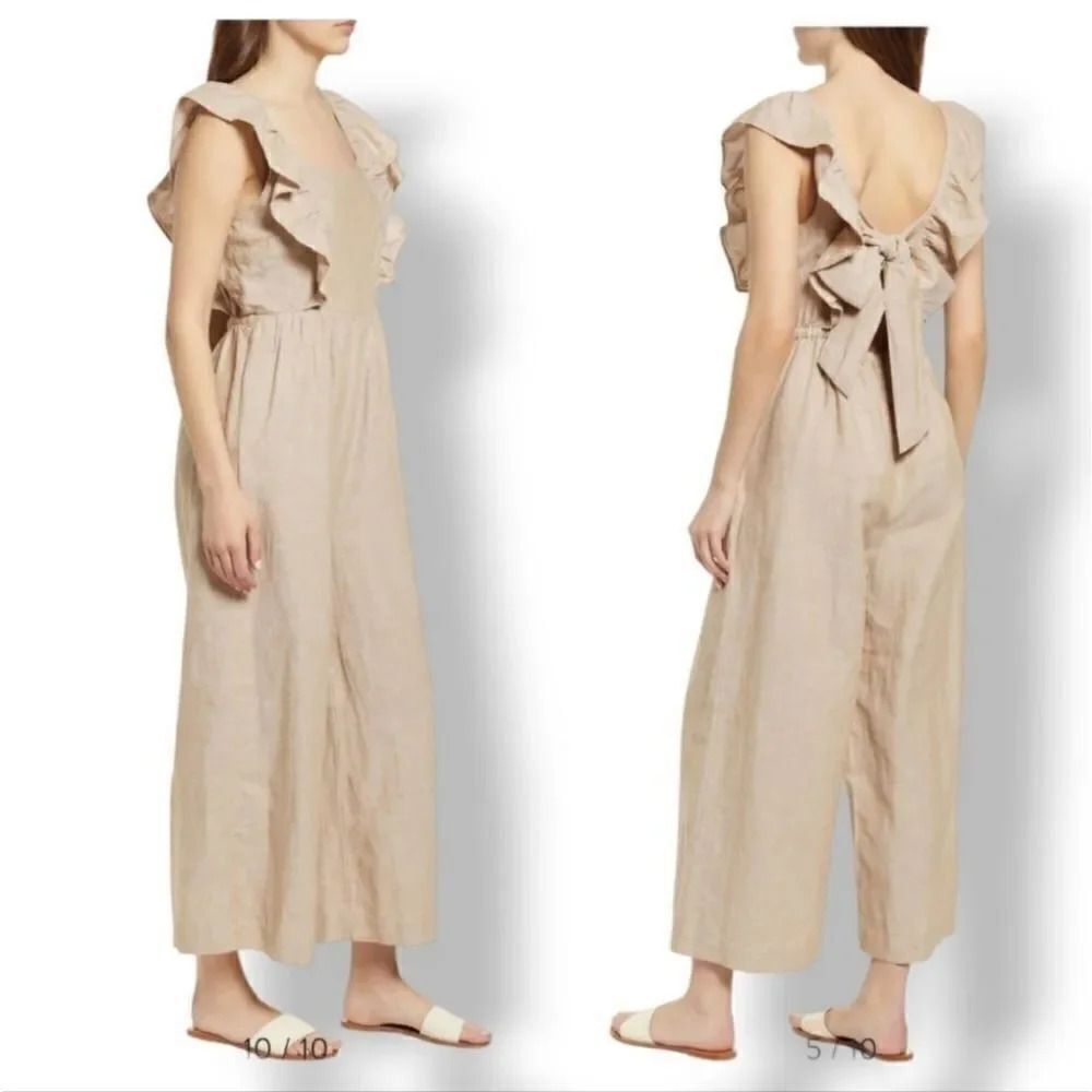 Madewell Linen Blend Ruffle Tie Back Wide Leg Jumpsuit in Seed Khaki Size 10